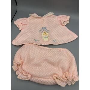 Vintage Baby Outfit Set Pink Knit Bloomers Top Embroidered Nursery 0-6M